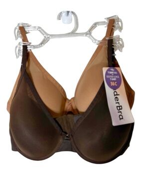 WONDERBRA New 2 Pack T-Shirt Bra Underwire Padded Adjustable Strap Brown Tan 36C